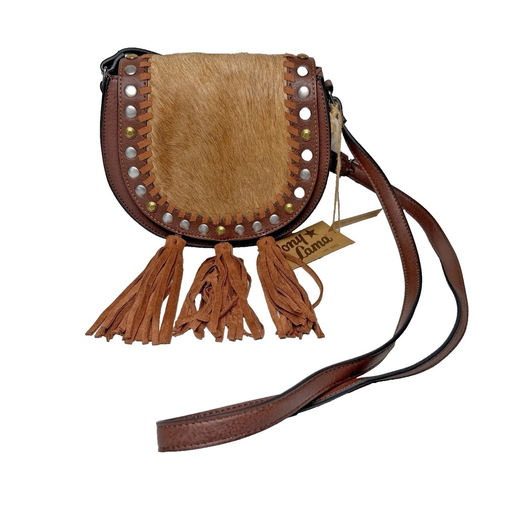Tony Lama Crossbody Purse Brindle Hide Tassels & Studs Adjustable Straps NEW